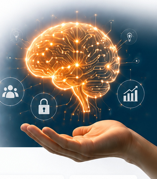 Glowing AI brain with business icons