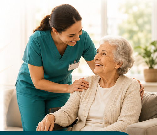 Caregiver speaking warmly with a senior resident