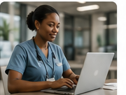 Care professional using laptop